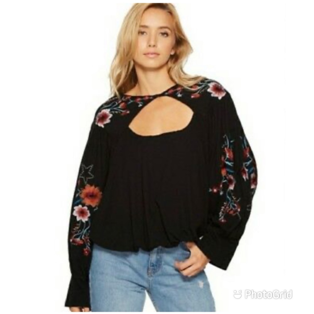 Free People Floral Embroidery Black Blouse